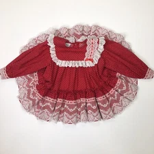 Vintage Mini World Red Calico Christmas Dress Size 12M Ruffle Lace Ribbon Trim