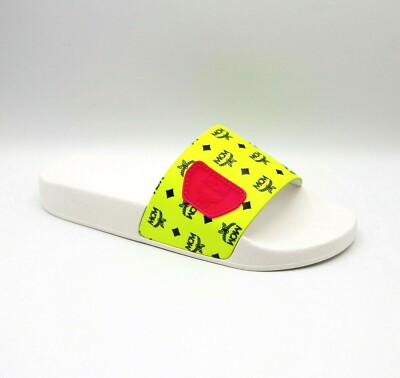 $340 MCM Women's Neon Yellow Logo Leather Rubber Slides Sandals MES9ALC76YN 