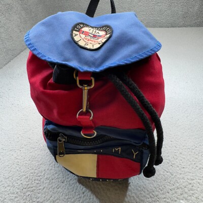 VINTAGE Tommy Hilfiger Backpack Red Blue 90s Alpine Olympics Patch Cinch Canvas