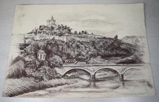 Vintage Hand Painted Graphic Painting Art European Balkan Houses Castle Bridge