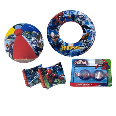 Marvel Spiderman Swim Set Inflatable Arm Floats Swim Ring Beach Ball Goggles 4+