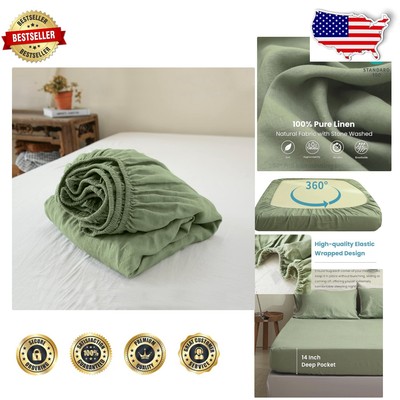 Premium Sage Green 14 Inch Deep Pocket Linen Fitted Sheet - Eco-Friendly Comfort