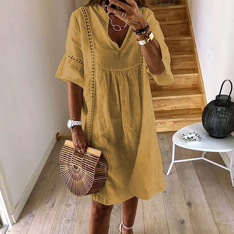 OFF WHITE Mini abito donna estivo mezza manica pizzo casual sciolto cotone abiti smock plus