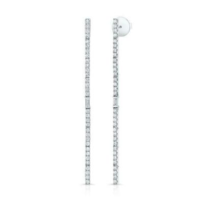 Round Baguette Lab-Created Moissanite Thin Vertical Drop Earring Gold Plated