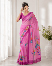Aadatein Linen Digital Leaf Print Saree | Soft Designer Tassel Ethnic Saree