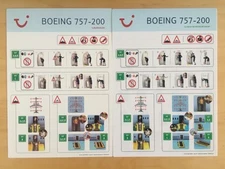 2 TUI BOEING 757-200 AIRCRAFT AIRLINE ON BOARD IN FLIGHT SAFETY CARDS RED GREEN