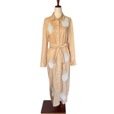 Zara Limited Edition Beige 100% Linen Beaded Embroidery Belted Shirt Dress sz M