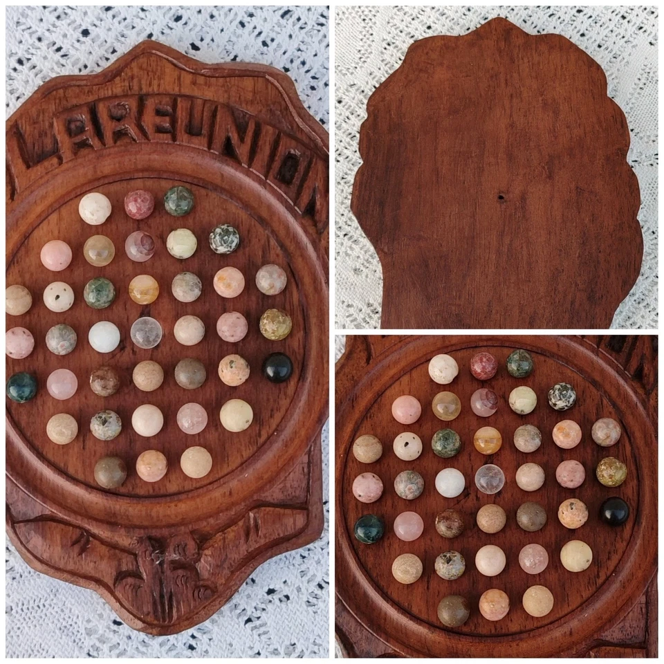SUPERBE JEU DE SOLITAIRE EN BOIS "LA RÉUNION" 37 BILLES EN PIERRES NATURELLES - Photo 1/4