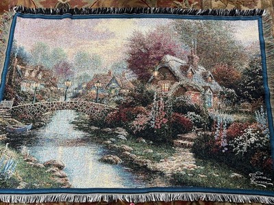 Vintage Thomas Kinkade Fringed Tapestry Throw Blanket  ''Painter of Light'' 44x63