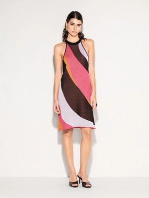 AKEP Damen Kleid Strick Lurex Diagonalmuster bunt Neckholder
