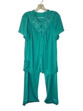 Vintage Shadowline Nylon Pajama Set S Button Up Embroidered Flowers Teal Pockets