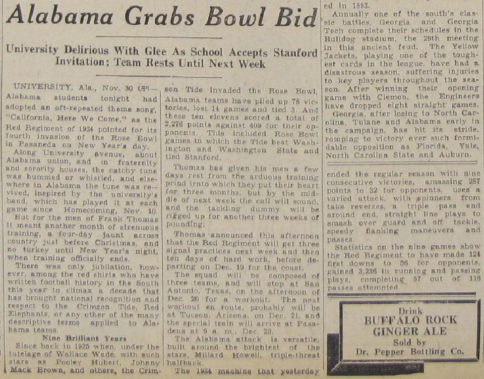 Periódico de fútbol americano vintage 1935 Rose Bowl - Alabama Crimson Tide vs Stanford Foto 3 de 3