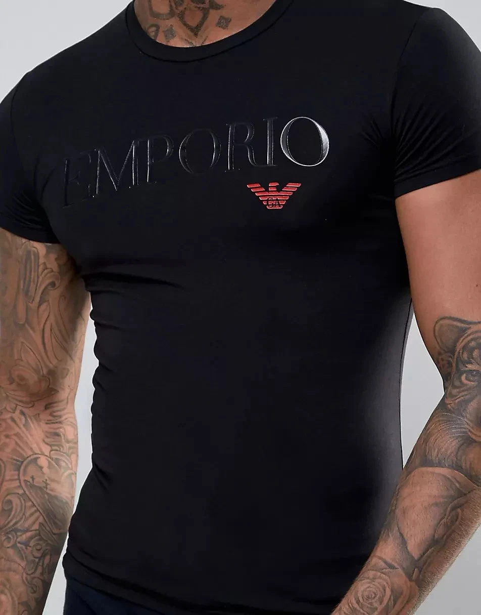 Emporio Armani Black men's T-shirt glossy print Size: M, L, XL, XXL,3XL cotton