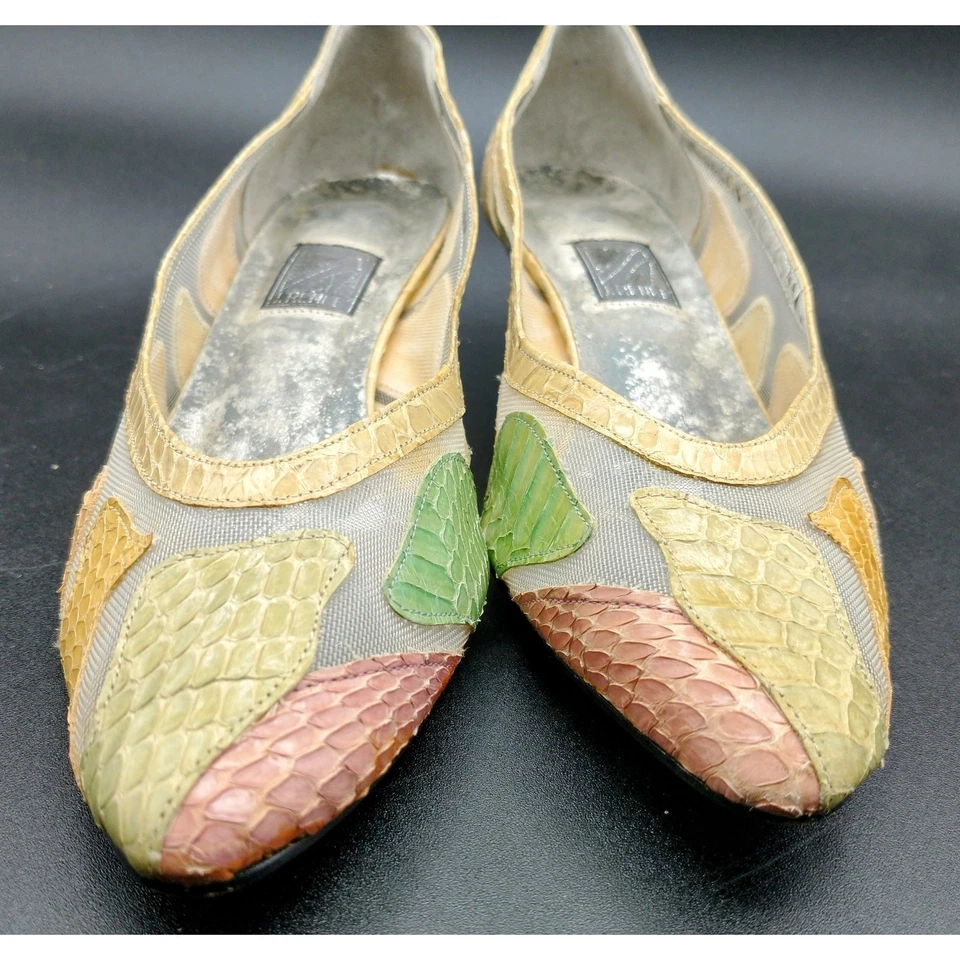 Vintage 80s JRenee Low Wedge Snakeskin Heel Pump Yellow Pink Green Sheer Retro 6 - Image 3 of 4