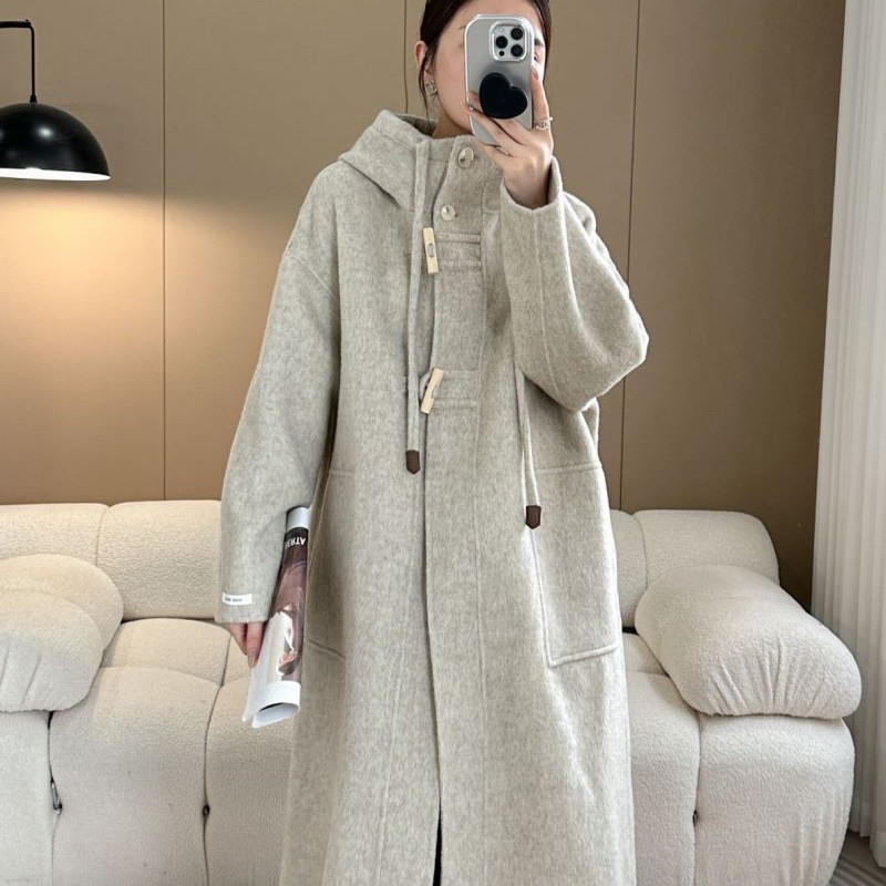 Women's Cashmere Coat Long Winter New Korean Button Hooded Straight Wool Jacket