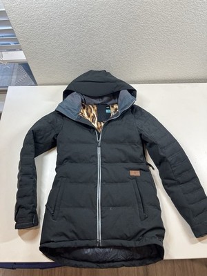 Black Volcom Hooded Oka Puff Down Jacket Skiing Snowboarding Women's S Small
