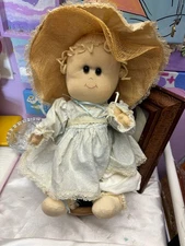 Vintage Handmade Cloth Rag Doll 16” Straw Bonnet Blue Dress Primitive Country