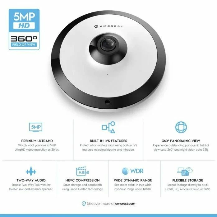 Amcrest 5MP IP Camera POE Security Indoor Dome IP5M-F1180EW 360° Indoor Fisheye - Image 2 of 4