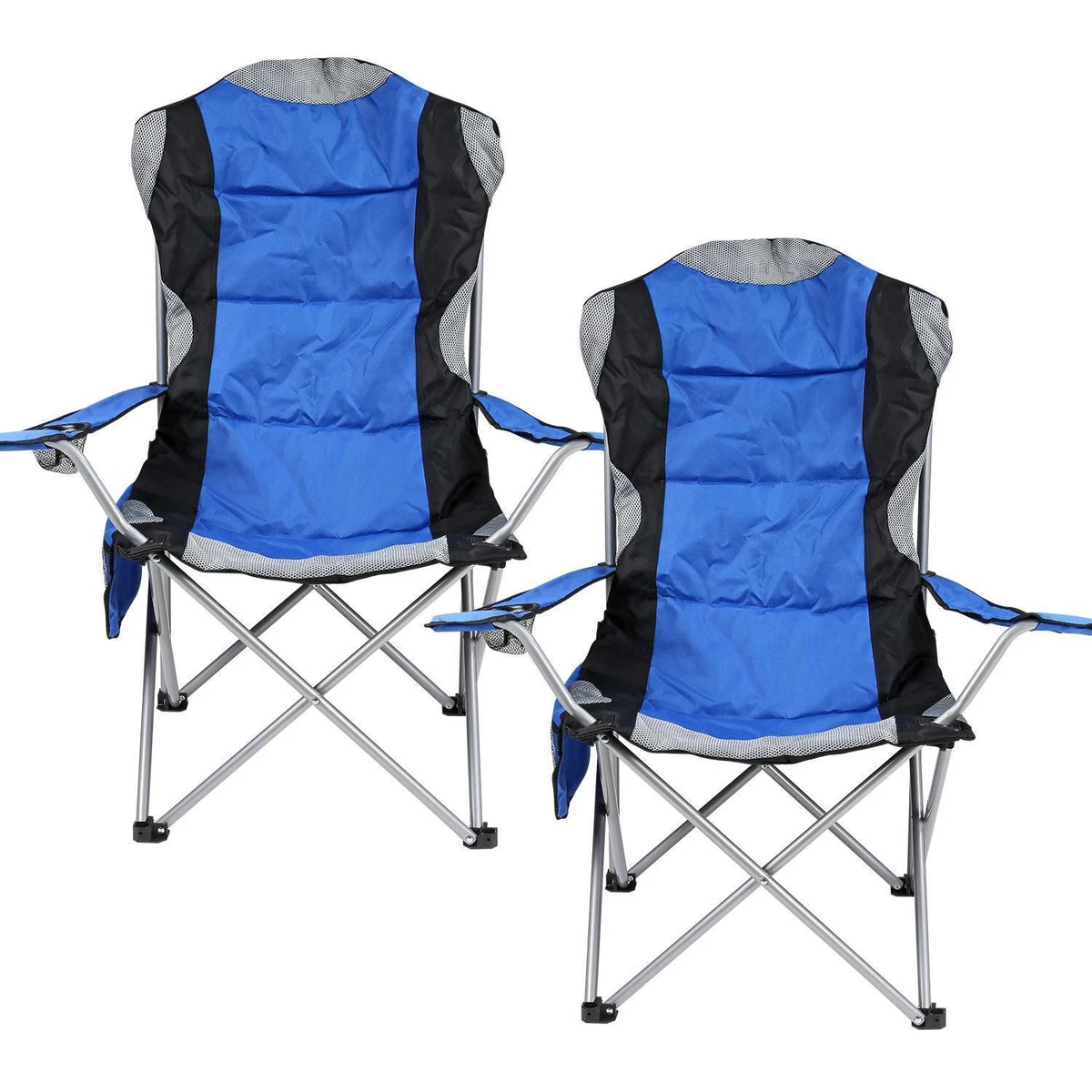 2 x Blue Folding Camping Deluxe Chair Heavy Duty Padded W Cup Holder High