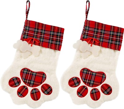 2PCS Christmas Pet Stockings Red Buffalo Plaid Dog & Cat Stockings for Fireplace