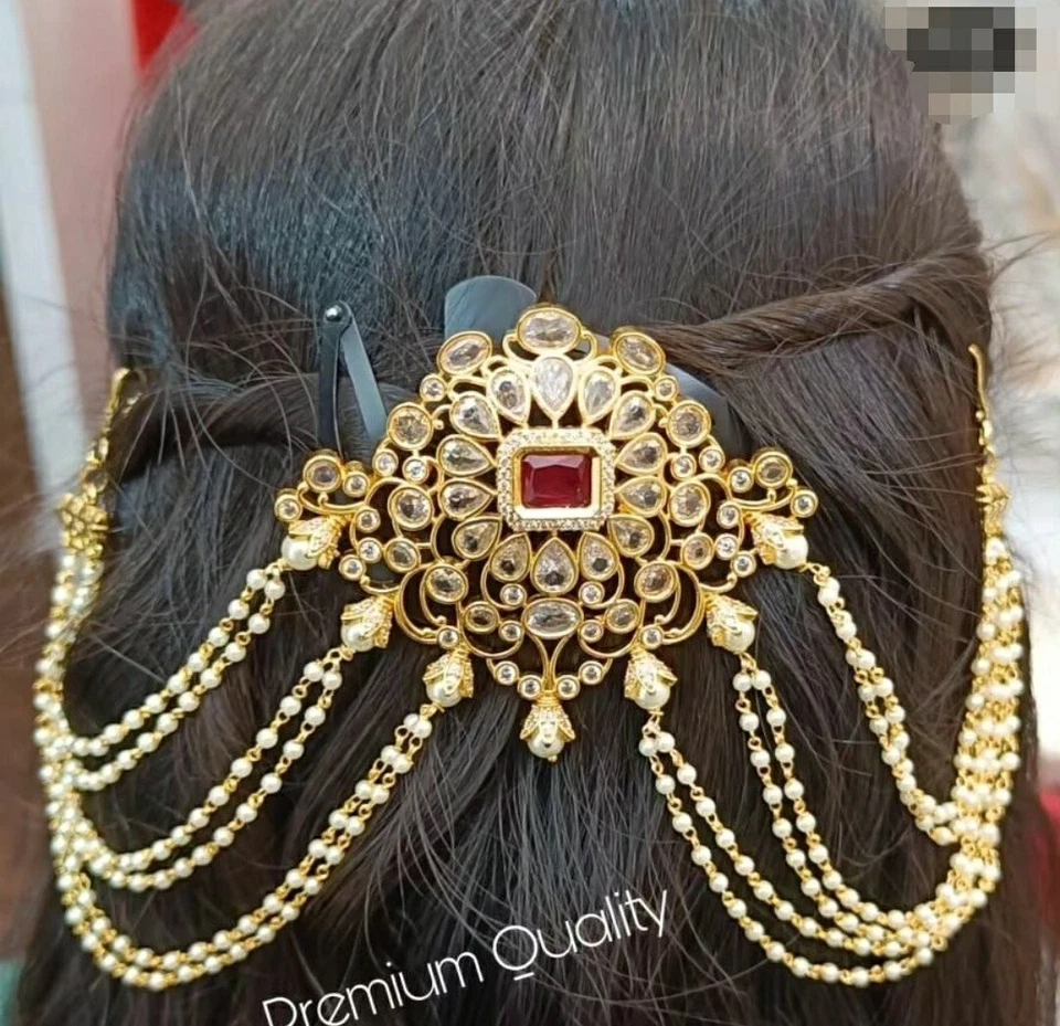 Pin de pelo indio chapado en oro nupcial estilo Bollywood prendedor de perlas joyería del templo Foto 2 de 4