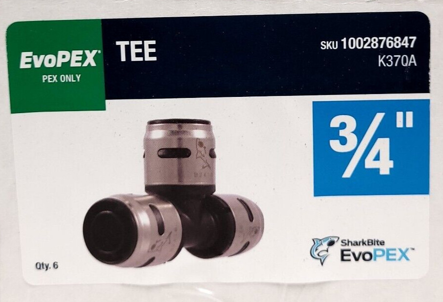 SharkBite EvoPEX Push-to-connect 3/4" Tee Fitting, K370A Case of 6