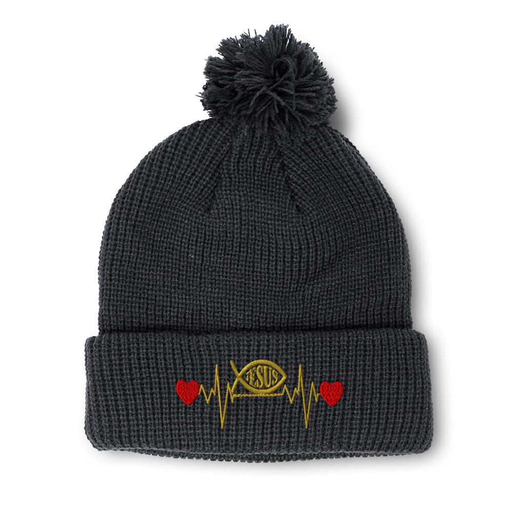 Jesus Symbol Embroidered Pom Pom Beanie for Women - Acrylic Skull Cap with Lifeline Design