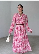 ZARA WOMAN MIDI BELTED DRESS WITH PRINT AND RUFFLES PINK WHITE 2298/167 SIZE XL
