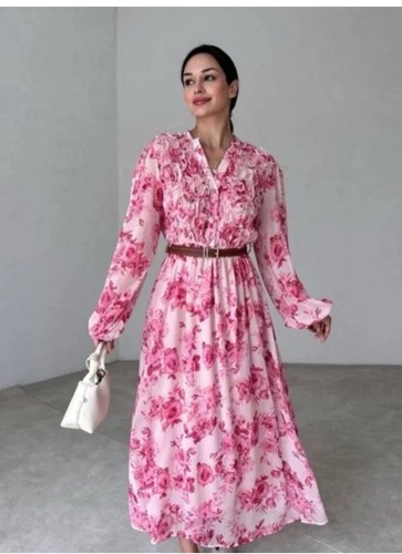 ZARA DAMSKA SUKIENKA MIDI W PASKI Z NADRUKIEM I FALBANAMI RÓŻOWA BIAŁA 2298/167 ROZMIAR XL - Zdjęcie 1 z 6