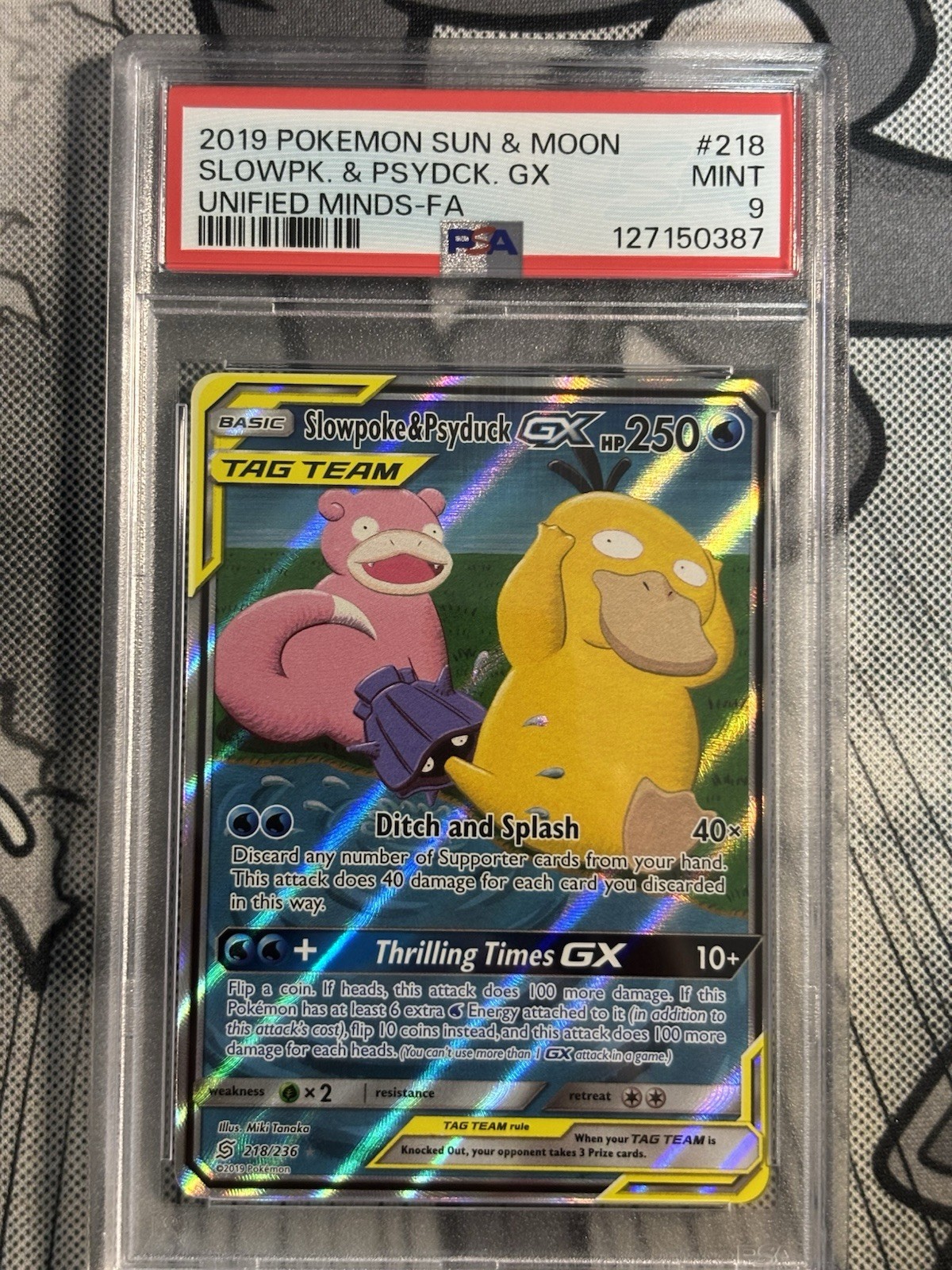 Slowpoke & Psyduck GX (Alternate Full Art) 218/236 Sm-Unified Minds Holo PSA 9