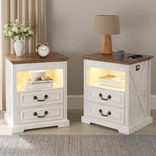 Lvifur Nightstand Set of 2 with Gun Drawers and Charging Station- Antique White