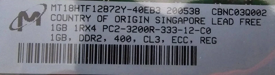 Micron MT18HTF12872Y-40E83 1Gb PC"-3200R DDR2 Ref00259 - Image 2 of 2
