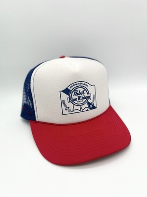 Vintage 90s Pabst Blue Ribbon Trucker Hat Red White Blue Mesh