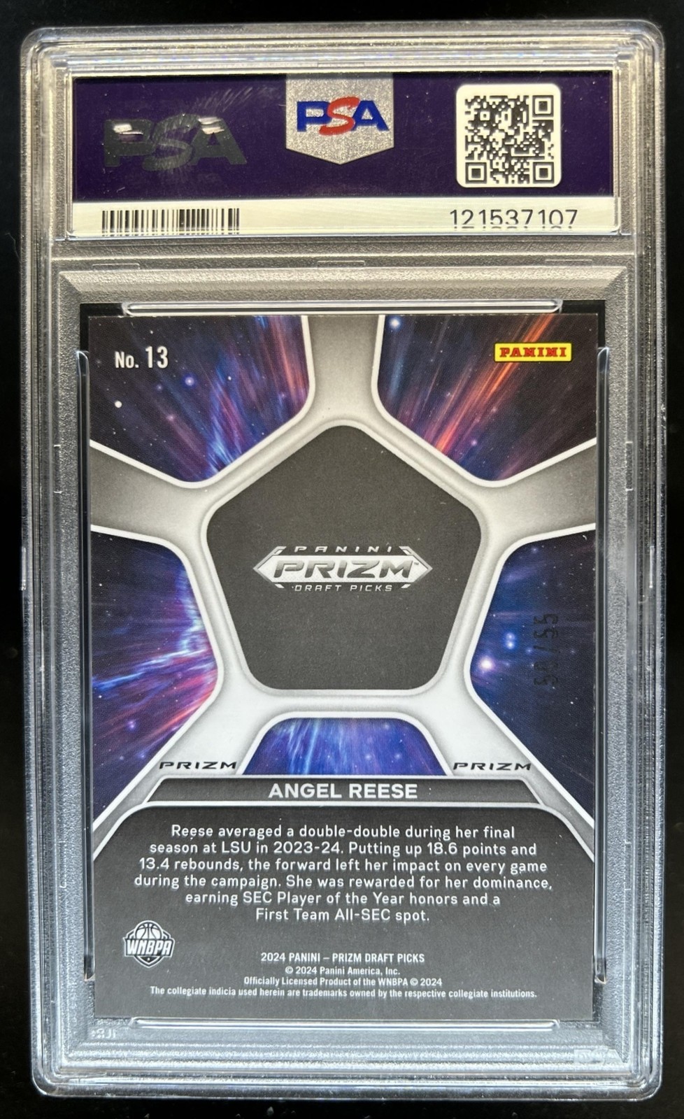 2024 Prizm Draft Picks Angel Reese Deep Space RC Purple Pulsar #/55 PSA 10 view 2