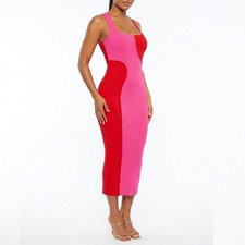 Naked Wardrobe Pink Red Colorblock Ribbed Midi Bodycon Dress Womens L