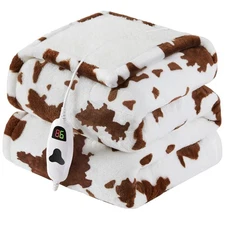 RUJIPO Cow Print Heated Blanket Twin, 62"x84", 10 Heat Levels, Auto-Off, Sherpa
