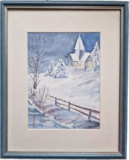 Framed Original Watercolour Beautiful Blue Silver Frame Winter 26x32cm