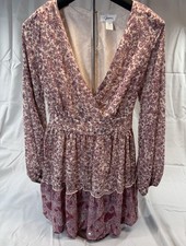 Japna Dress Womens Medium Purple Floral Boho Long Sleeve Deep V Waist Tie India