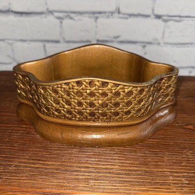 Vintage 1981 FTD Faux Wood Rattan Cane Box / Planter / Catchall Dish  