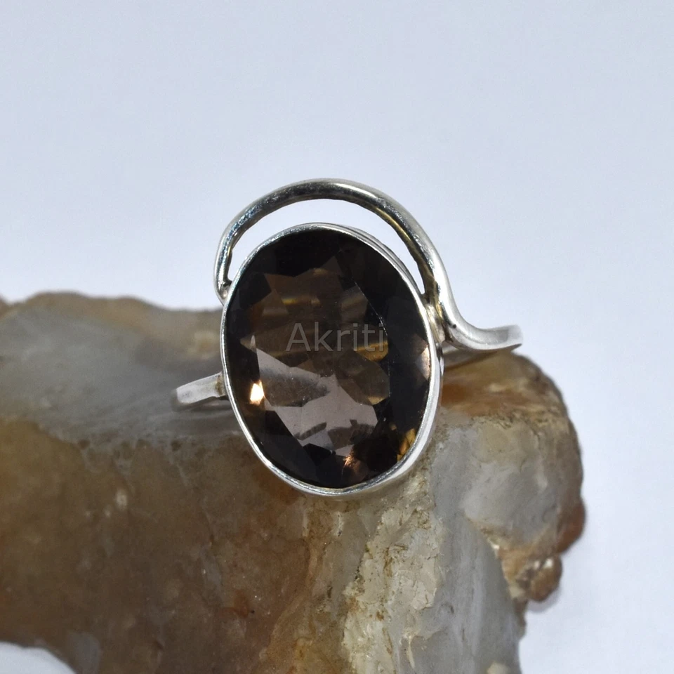 Anillo de plata de ley 925 Smokey Toapz de uso diario hecho a mano Foto 4 de 4