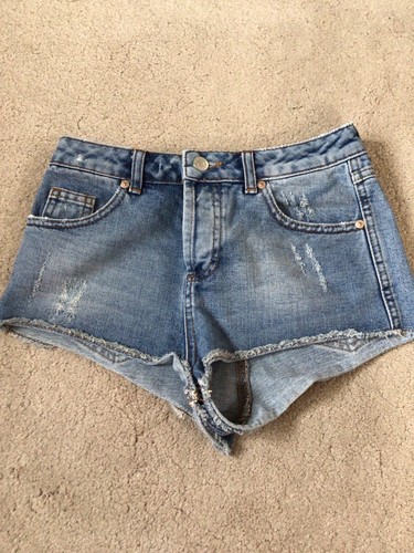 Pantaloni corti Topshop Moto Petite blu graffiato orlo grezzo denim vita 26" ottime condizioni