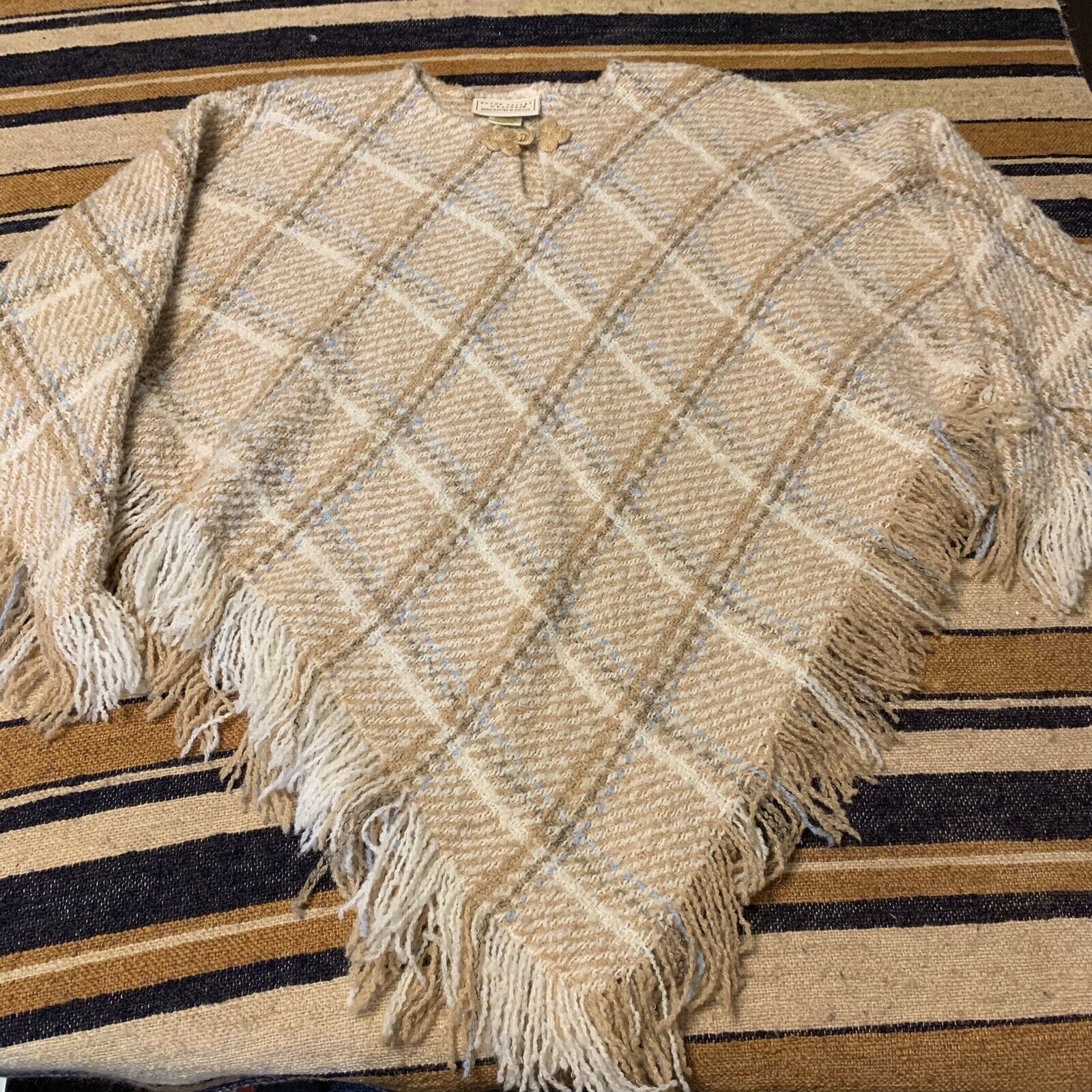 Boyne Valley Weavers Poncho Cape Woven Tan Fringe Handcrafted Ireland Wool Blend