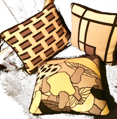 3 VINTAGE MID CENTURY NEEDLEPOINT GEOMETRIC MUSHROOM ART PILLOW MCM ochre black