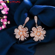 Elegant Rose Gold Plated 3D Flower Leaf Cubic Zirconia Women Dangle Drop Earring