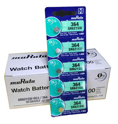 1 box  muRata SR621SW 364 Silver Oxide Watch Battery total 100 batteries