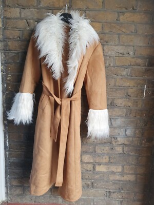 NEW LADIES FAUX FUR SUEDETTE LONGLINE COAT SIZE UK 10