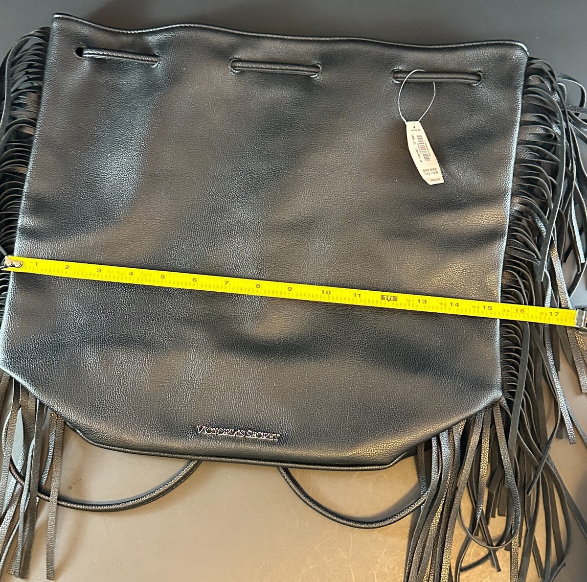 VICTORIA\'S SECRET VINTAGE BLACK FAUX-LEATHER FRINGE DRAWSTRING  BACKPACK Black Victorias Secret Fringe Backpack NO Zipper/... | Depop main image 2