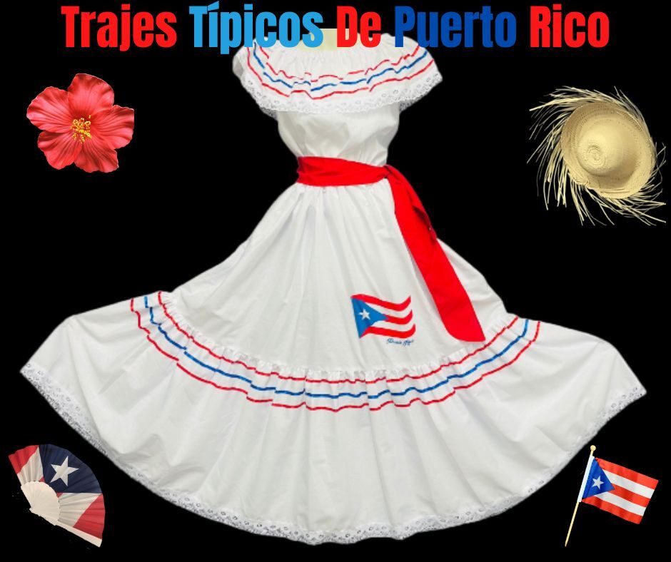Trajes Típicos Bandera de Puerto Rico, Jíbara Boricua 3PC Blanco Set Blusa  Falda