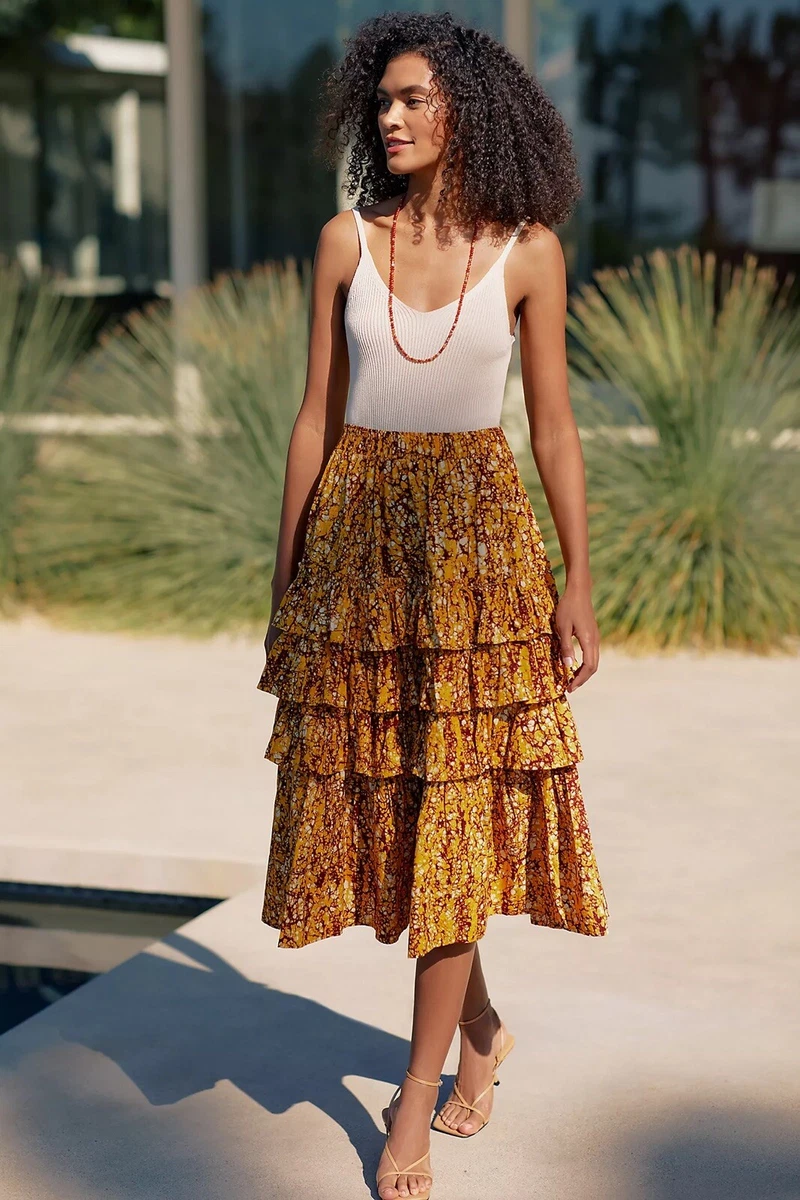 Anthropologie Floral A Line Midi Skirt Size XL eBay