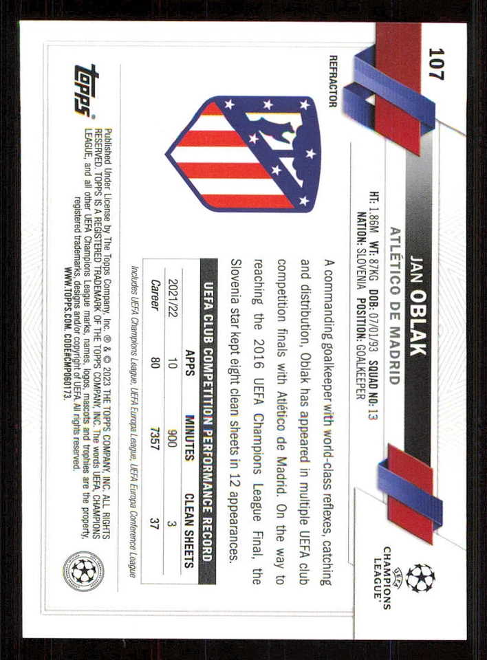 2022-23 Topps Chrome UEFA Club Competitions Refractors #107 Jan Oblak - Image 2 of 2
